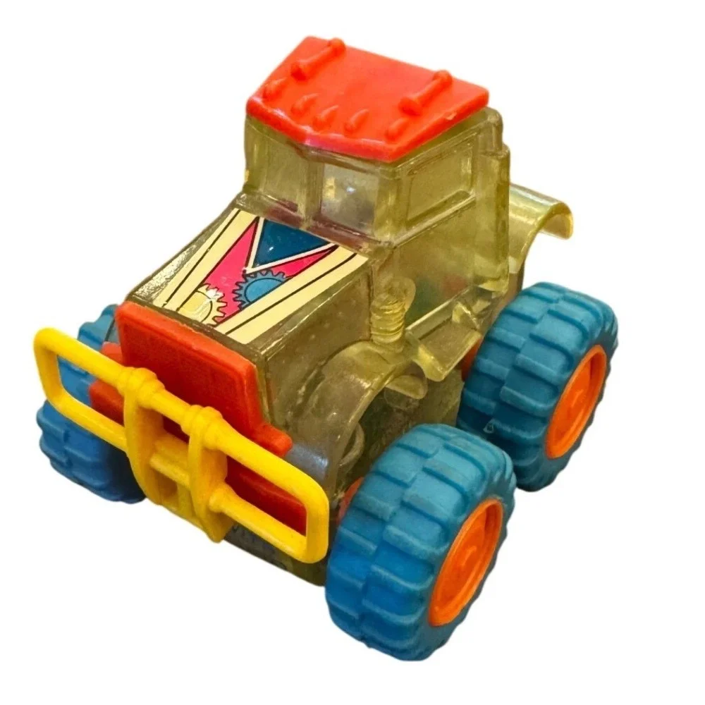 Vintage Go With God Clear Friction Monster Tractor Toy Blue Tires Visible Gears